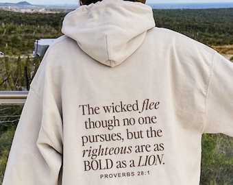 May include: A beige hoodie with the text "The wicked flee though no one pursues, but the righteous are as BOLD as a LION. PROVERBS 28:1" printed on the back. The hoodie has a hood and long sleeves. The background shows a scenic view.