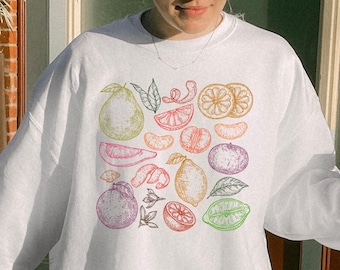 Citrus Fruits Crewneck Sweatshirt, Gifts For Foodies, Trendy Aesthetics Gardening Sweater, Lemon Lime Cute Fruits Gift, Outline Sweatshirt