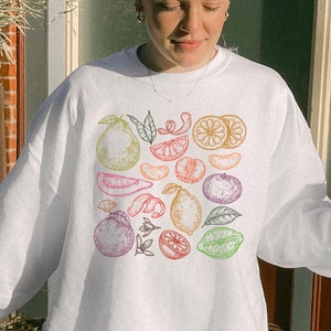 Citrus Fruits Crewneck Sweatshirt, Gifts For Foodies, Trendy Aesthetics Gardening Sweater, Lemon Lime Cute Fruits Gift, Outline Sweatshirt