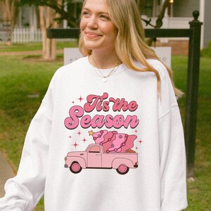 Tis The Season Crewneck Sweatshirt, Cute Christmas Tree Truck Shirt, Retro 70s Aesthetic Pink, Groovy Christmas Holiday Person Gift For Her