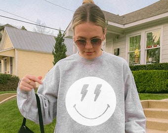Lightning Bolt Smiley Face Crewneck Sweatshirt, Trendy SmileyFace Sweatshirt, Retro Smile Sweater, Aesthetic Graphical Shirt, Y2K Hoodie