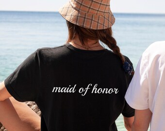 Maid of Honor Shirt With Classic Script, MOH Proposal Gift, Trendy Bridal Party Shirts For Bachelorette, Black and White Hen Do Tshirts