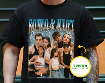 May include: Black t-shirt with a graphic print of a group of people with the text "ROMEO & JULIET est. forever" and a custom name and photo option.