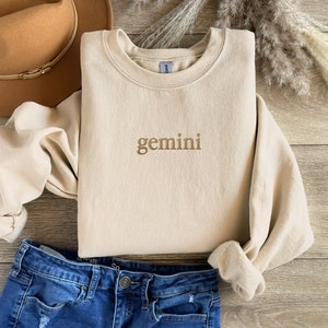 Gemini Astrology Embroidered Crewneck Sweatshirt, Trendy Aesthetics Personal Zodiac Gift For Her, Sun Star Sign Crewneck Sweater Embroidery