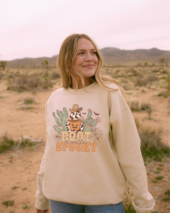 Boot Scootin Spooky Crewneck Sweatshirt, Ghostly Halloween Seasonal Sweatshirt, Boho-Western Graphical Shirts, South Westerner Gift