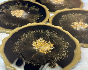 Handmade Black Gold Geode Resin Coasters Sets, Housewarming Gift, Gift for her, Resin Art, Home décor, Unique Cute Coaster Set, Fall Decor