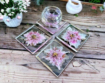 Onderzetters, Bloemenonderzetters, Onderzetters voor drankjes, Bekerhouders, Onderzetterset, Handgemaakte paarse bloemen Harsonderzetters, Inwijdingsfeestcadeau, Harskunst