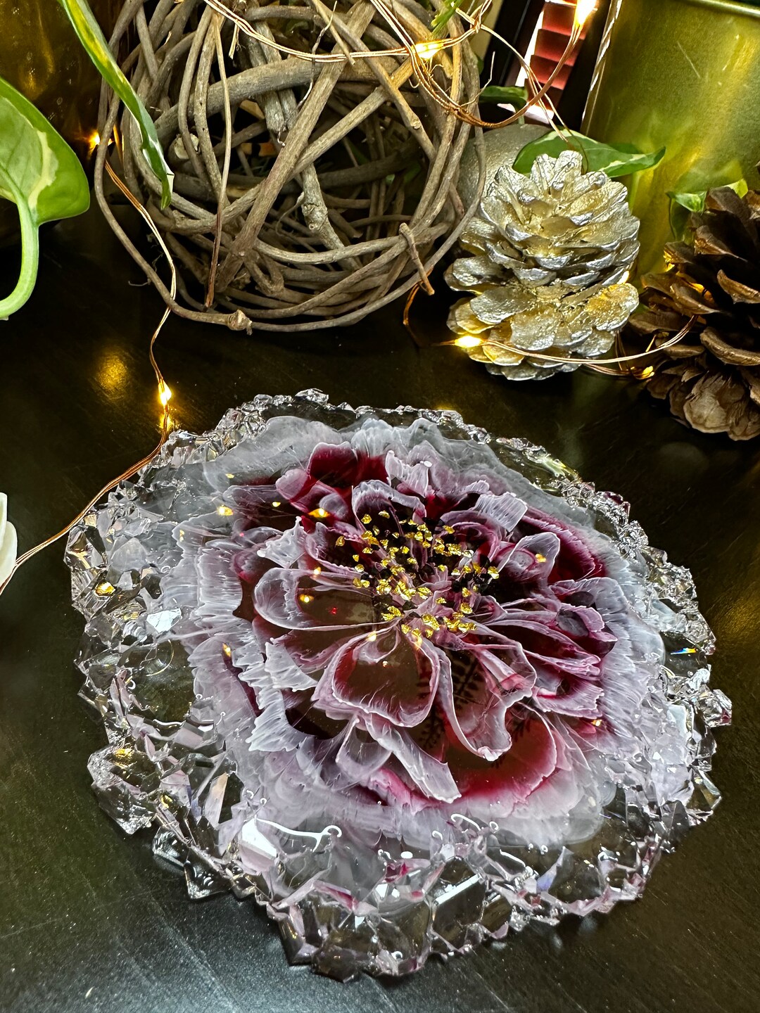 Handmade Carmine Flower Crystal Decorative Plate Epoxy Resin - Etsy