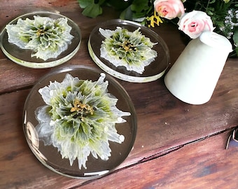 Sous-verres, Sous-verres fleuris, Porte-gobelets, Ensemble de sous-verres, Sous-verres en résine fleurs vertes faits main, Cadeau de pendaison de crémaillère, Art en résine