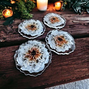 Coasters, Flower Coasters, Drink Coasters, Cup Holders, Coaster Set,  Handmade Orange Flower Resin Coasters, Housewarming Gift, Resin Art