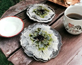 Sous-verres, Sous-verres fleuris, Porte-gobelets, Ensemble de sous-verres, Sous-verres en résine fleurs vertes faits main, Cadeau de pendaison de crémaillère, Art en résine