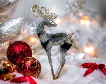 Handmade Black White Gold Reindeer Ornament, Halloween Christmas Ornament, Elk Ornament, Unique Christmas Ornament, Christmas Gift