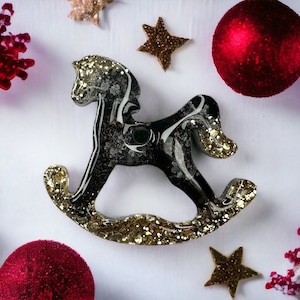 Handmade Black White Gold Rocking Horse Ornament , Halloween Christmas Ornament, Unique Christmas Ornament, Baby Rocking Horse Ornament