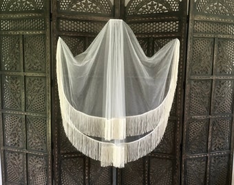 ORLA, Fringe Blusher Veil, White or Ivory, Gathered Boho Wedding Veil, Fingertip Length