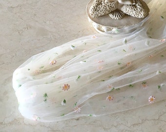 DAISY, Flower Embroidered, Boho, White Soft Tulle Wedding Veil, Cut Edge Veil