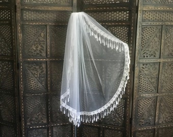 BELLA, Short Veil, Pale Ivory Tulle, Fringe Lace Edged, Gathered Boho Wedding Veil