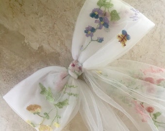 POSIE, Large Bow, Flower Embroidered Wedding Bow