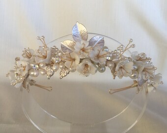 GRACE, Ceramic Flower, Floral Wedding Crown, Bridal Headpiece