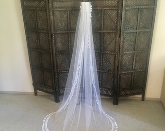 FALLON, Fringe Lace Veil, White Soft Tulle, Boho Wedding Veil, Floor or Chapel Length