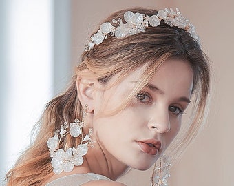 CALLIE, Floral Wedding Tiara, Bridal Headpiece, Earrings