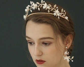 LILA, Floral Wedding Crown, Bridal Headpiece, Earrings