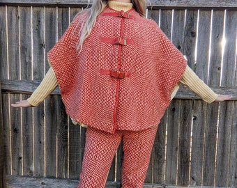 Vintage 60s-70s Country Set Red And Cream Wool Three Piece Set Cape Wide Leg Pants Turtle Neck Sweater