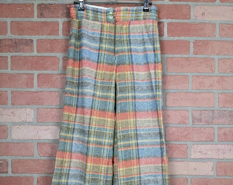 Vintage 60s-70s Handmade Multicolored Plaid Wool Flare Pants Scovill Zip Fly