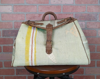 Vintage 60's RARE Martha's Vineyard Navajo Southwestern Indian Blanket Leather Suede Overnight Weekend Bag