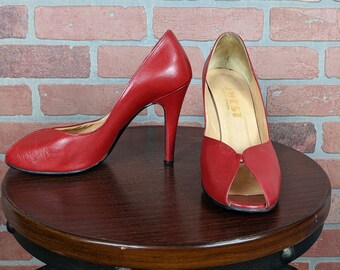 Vintage 60s Nine West Brazil Red Leather Peep Toe Heels Size 7.5