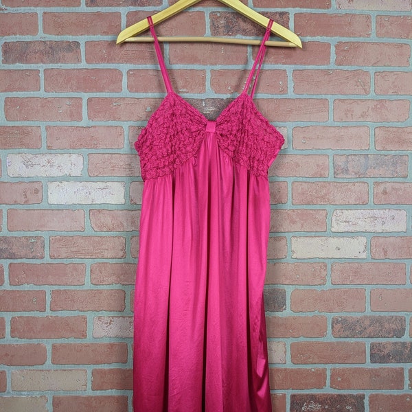 Vintage 90s-00s Cachet Bright Pink Magenta Long Slip Lingerie Dress Ruched Chest Spaghetti Straps