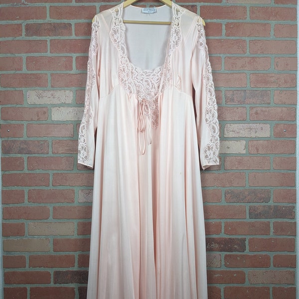 Vintage 70s Lily Of France Pink Bridal Wedding Lace Nightgown Slip and Peignoir Set