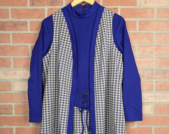 Vintage 70s-80s Purple and White Dress Vest Two Piece Set Long Sleeve