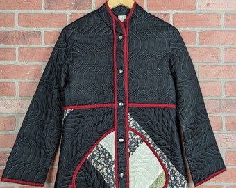 Vintage 80s-90s Black Multi Quilted Patchwork Snap Button Coat