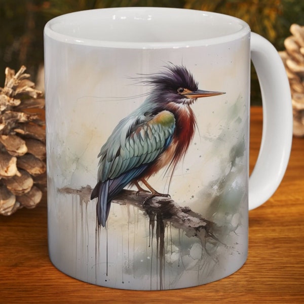 Green Heron Artistry: Deep Green, Chestnut Detailing, Ceramic Coffee Mug - Bird Watching Passion, Top Bird Shop Near Me Choice