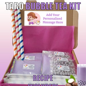 Kit de bricolaje para preparar té de burbujas de taro morado: regalo para buzón con receta y pajitas anchas. ¡Calcomanía gratis con cada pedido! ¡Prepara 3 bebidas de té con leche de boba y taro!