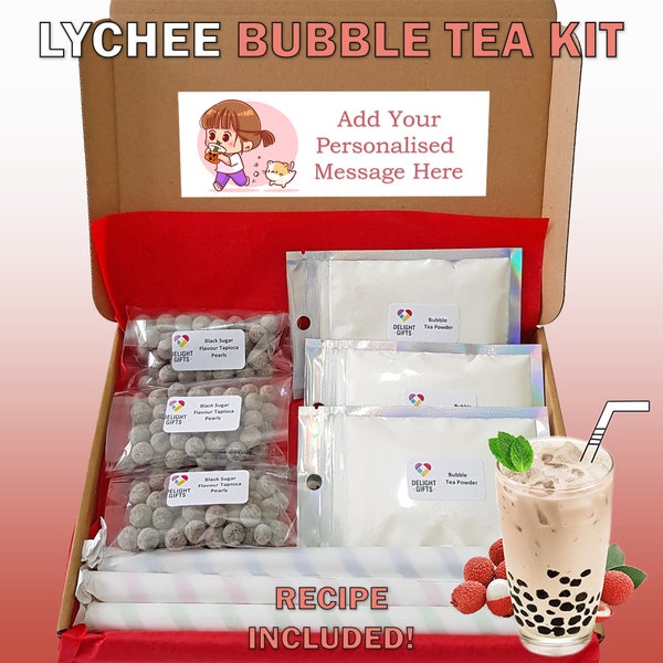 DIY Lychee Bubble Tea Letterbox Gift | Bubble Tea Kit | Boba Tea Kit | Unique Personalised Gift | Tapioca Pearl Milk Tea Gift | Lychee Tea