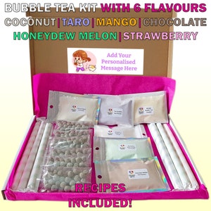 Kit de té de burbujas para hacer tú mismo, regalo para buzón con 6 sabores: coco, taro, chocolate, fresa, mango y melón dulce. Idea de regalo personalizada