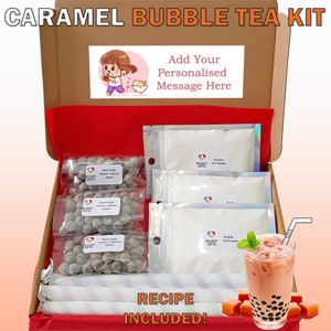 DIY Caramel Bubble Tea Letterbox Geschenk | Seifenblasen-Tee-Kit | Boba Tee-Set | Einzigartiges personalisiertes Geschenk | Tapioka Perle Milch Tee Geschenk | Karamell Tee