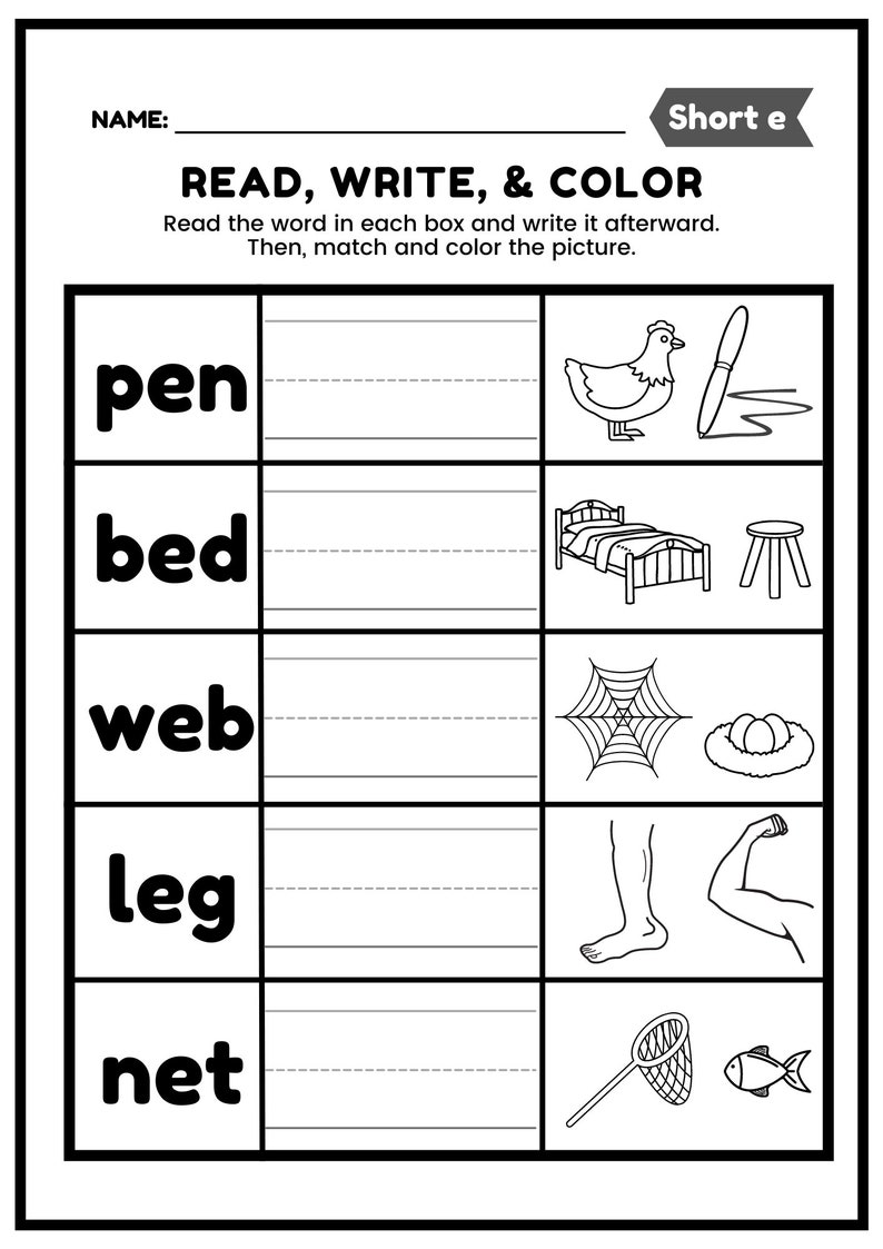 Read, Write, and Color: Short Vowels A,e,i,o,u - Etsy
