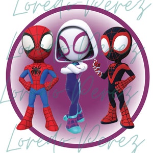 May include: Three cartoon Spider-Man characters stand together in a circle. The characters are Spider-Man, Spider-Gwen, and Miles Morales. They are all wearing their signature red and blue suits with spider webs. The background is a purple circle.