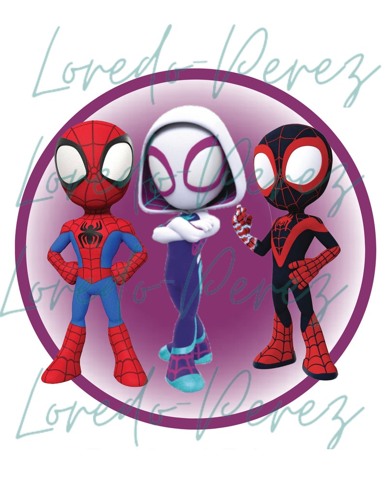 May include: Three cartoon Spider-Man characters stand together in a circle. The characters are Spider-Man, Spider-Gwen, and Miles Morales. They are all wearing their signature red and blue suits with spider webs. The background is a purple circle.