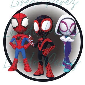 May include: Three cartoon Spider-Man characters in a circle. The character on the left is red and blue, the character in the middle is black and red, and the character on the right is white and purple.