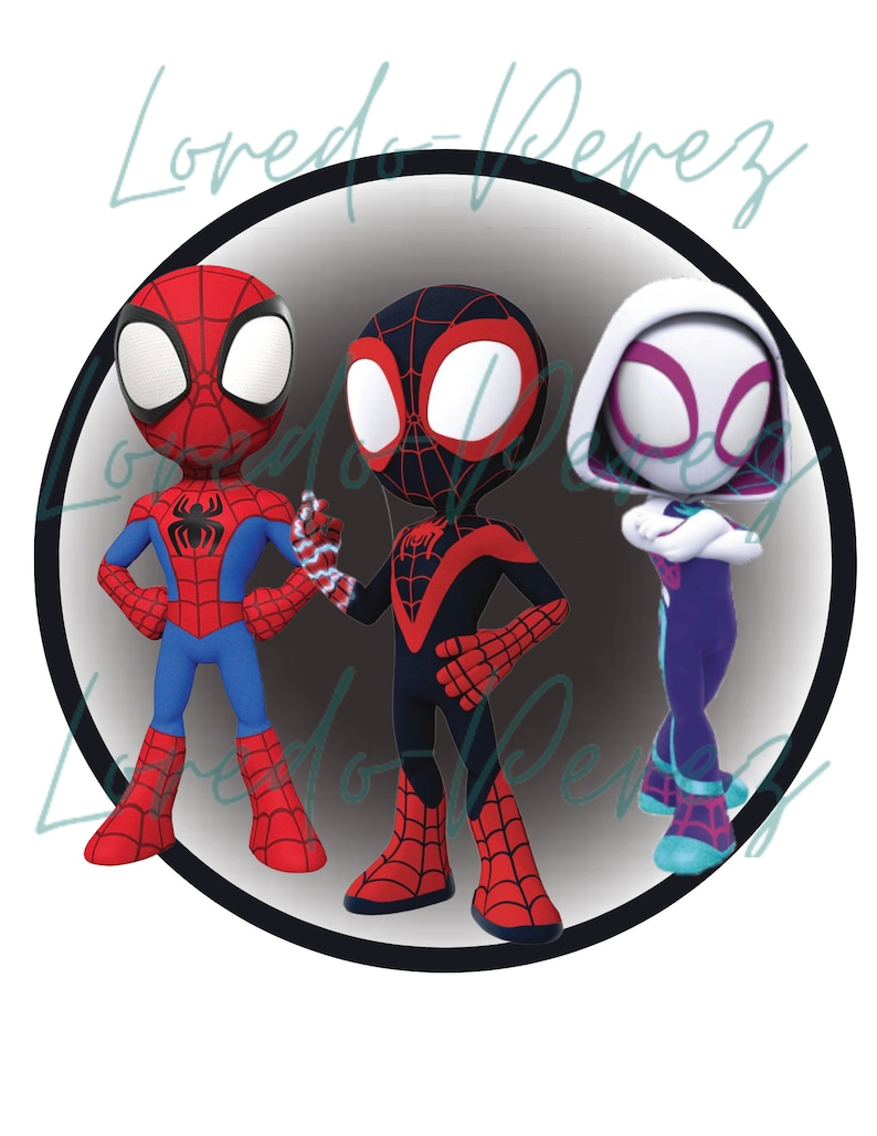 May include: Three cartoon Spider-Man characters in a circle. The character on the left is red and blue, the character in the middle is black and red, and the character on the right is white and purple.