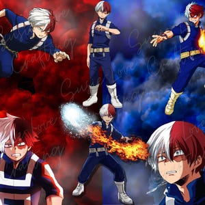 May include: Digital artwork showing a character with white and red hair in a blue uniform, set against a red and blue backdrop. The character is shown in dynamic poses, with fire and ice effects.