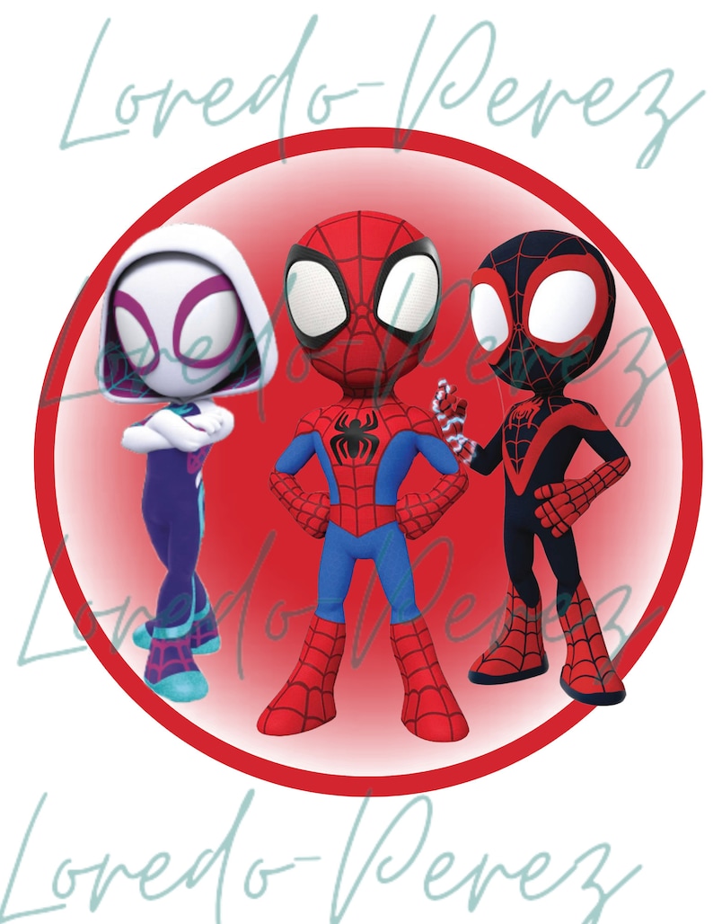 May include: Three cartoon Spider-Man characters in a red circle. The characters are Spider-Man, Miles Morales, and Spider-Gwen. They are all wearing their signature red and blue suits with spider logos.