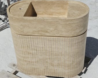 Travertine Fluted Pedestal Sink, Hand-Carved 30" Stone Basin Rustic Farmhouse Powder Room Vanity