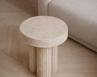 Travertine Side Table, Round Fluted Stone Base Block Rustic Farmhouse Handmade Living Room Furniture