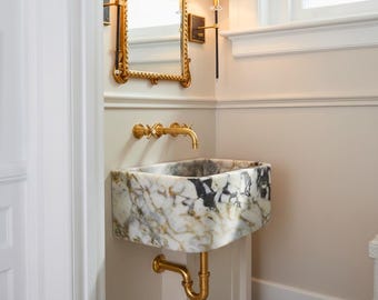 14''x10''x8'' Calacatta Viola Marble Wall Mount Sink Small Vanity, Rectangular Powder Room Elegant Basin