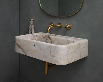 Calacatta Gold Marble Wall Mount Sink, Small Rectangular Stone Basin for Powder Room Bathroom