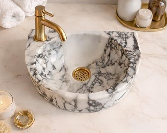 Small Calacatta Viola Marble Vessel Sink with Faucet Hole – D Shape Purple Vein Powder Room